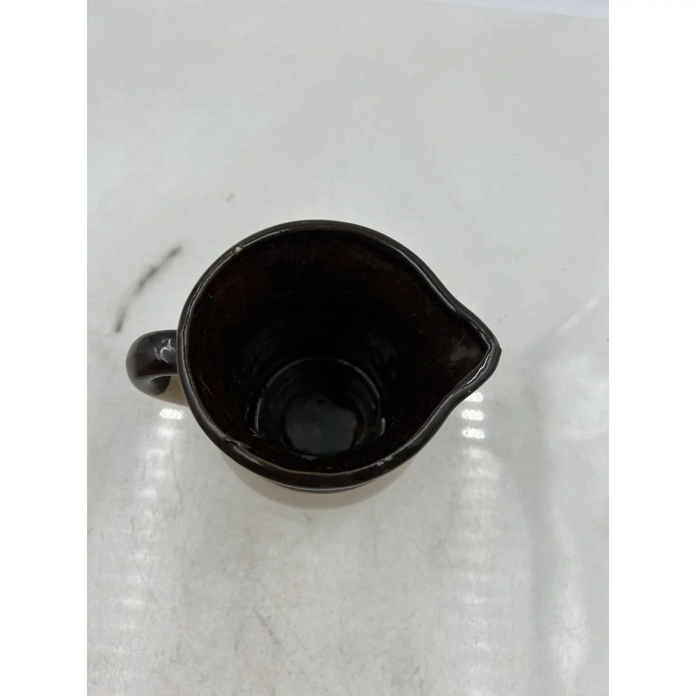 Vintage Stoneware Pitcher Brown Tan Glazed Two Tone Farmhouse Creamer 4.75in